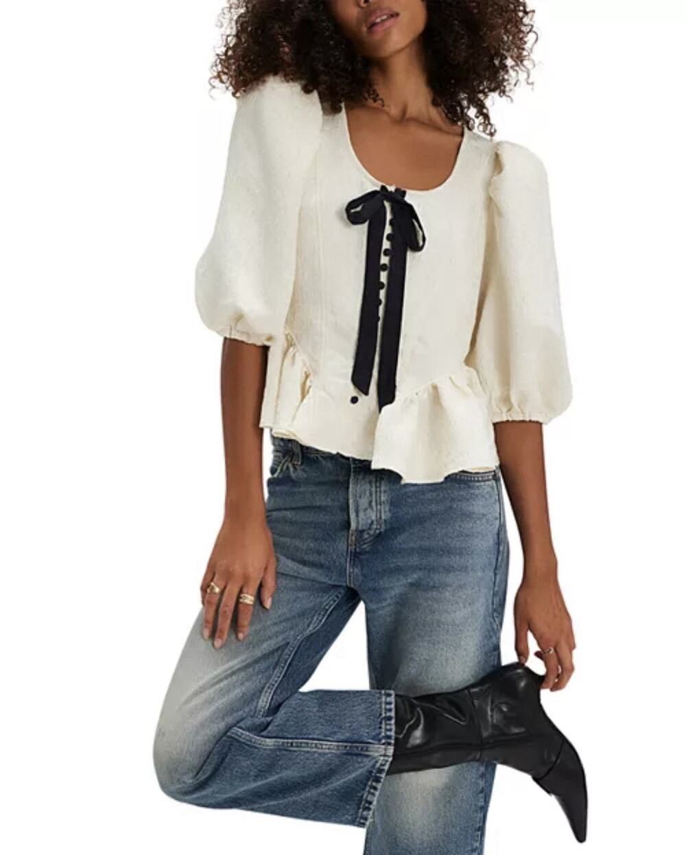 Free People Pamela Embroidered Bow Trim Top XL Boho White Alys Peasant Blouse